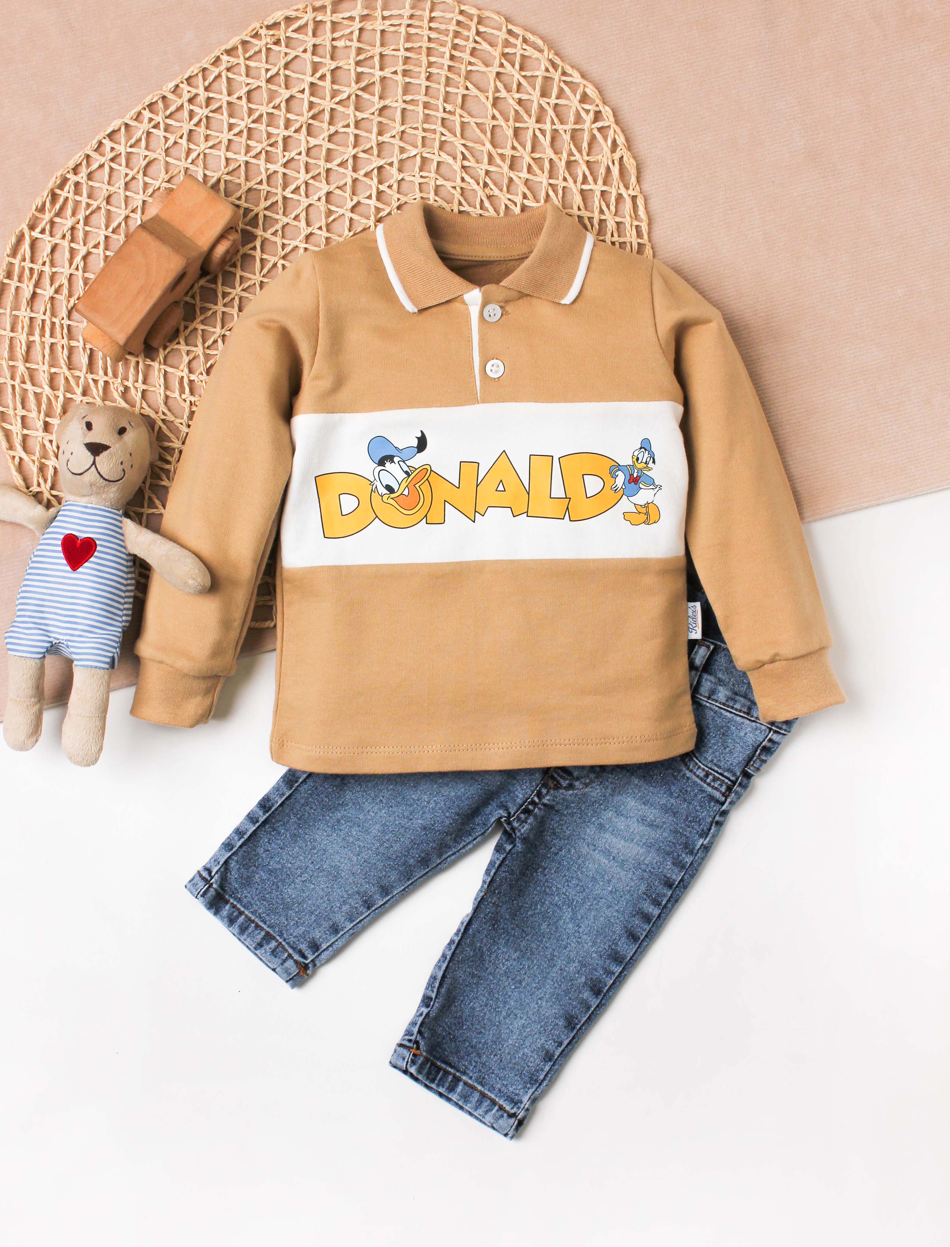 Erkek Bebek Donald Baskılı Polo Yaka 2’li Takım Jean Pantolonlu 9-24 Ay